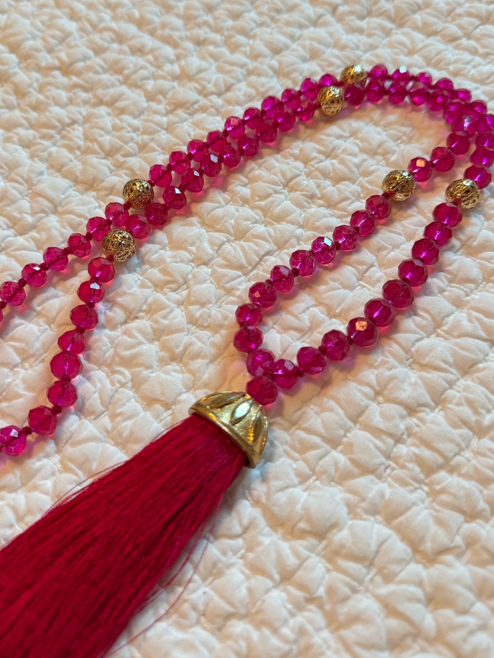 Hot Pink Beaded Tassel Necklace with Gold Accents - Brand Unspecified